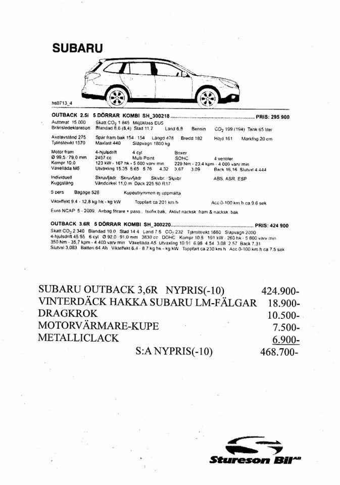 Subaru Outback 3.6 4WD Automatic, 260hp, 2010