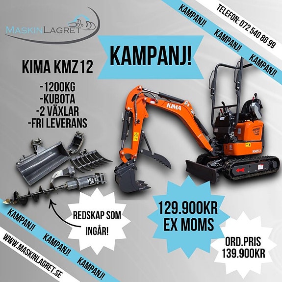 Minigrävare KIMA KMZ12 Ink redskap. Finns i lager. KAMPANJ!