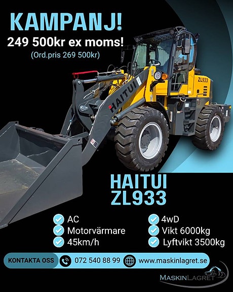 Hjullastare Haitui ZL933  skopa och gafflar. KAMPANJPRIS!