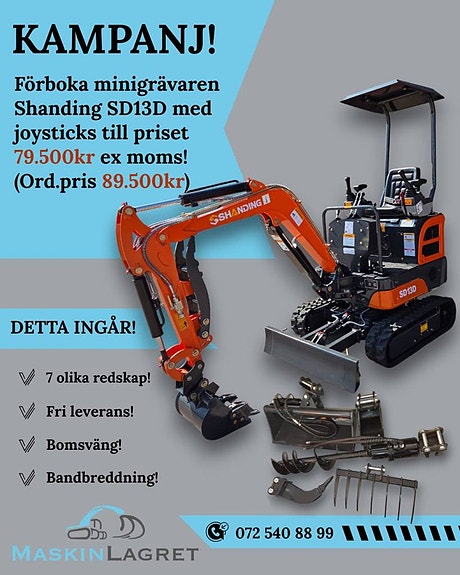 Minigrävare Shanding SD13D med joysticks. KAMPANJPRIS!