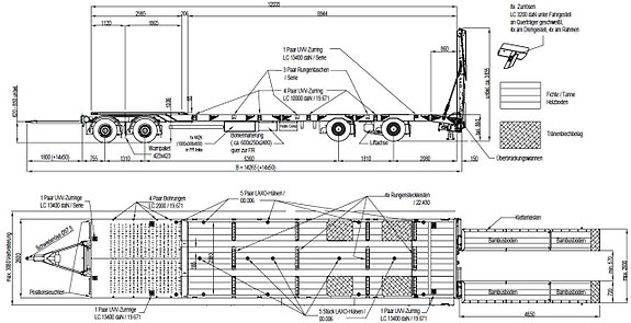 12m Maskinsläp 38t låg svanhals, p-light hydr. ramper 890mm