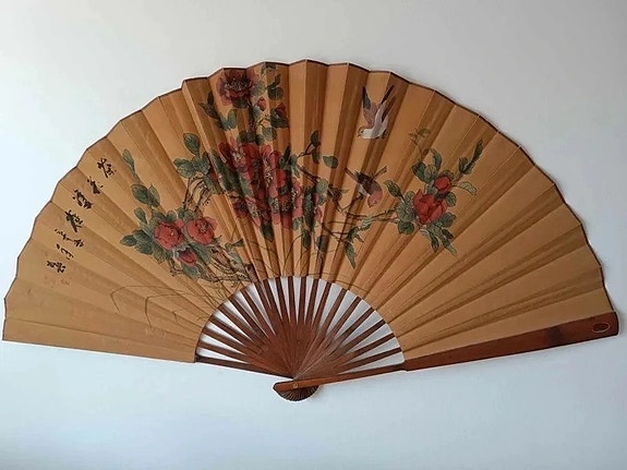 vintage Asian Fan with Bird and Floral Design chineese