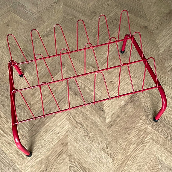 Retro metall röd skohylla hopfällbart skoställ, vintage string