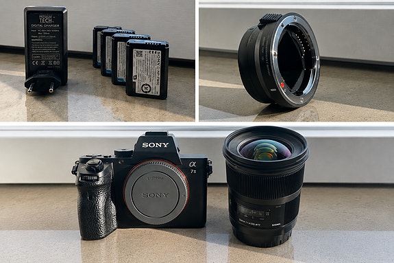 Sony Sony A7ii + Sigma 24mm f/1.4 + MC-11 adaptor + 4 batteri, laddare, lock, rem
