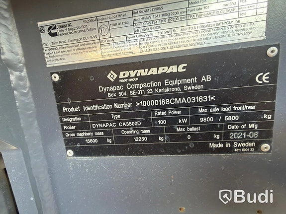 Vält Dynapac CA3500D, 2021, 1033 h via auktion 26 of 27