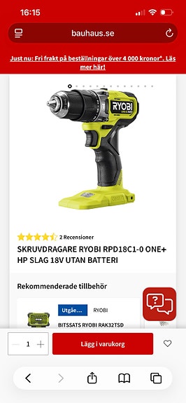 Ryobi RPD18C1-0 ONE+ HP slagborr/skruvdragare 18V utan batteri