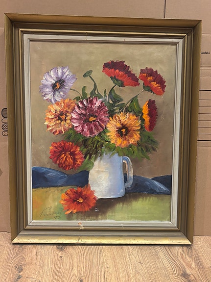 Signerad äldre oljemålning – Blomstilleben – Möjligen 1947