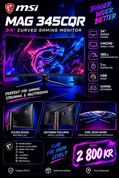 MSI 34" curved gaming skärm UWQHD 180 Hz