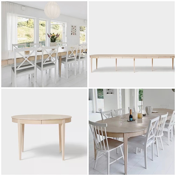 Norrgavel runt matbord Ø112 cm – vitoljad björk – 6 iläggsskivor