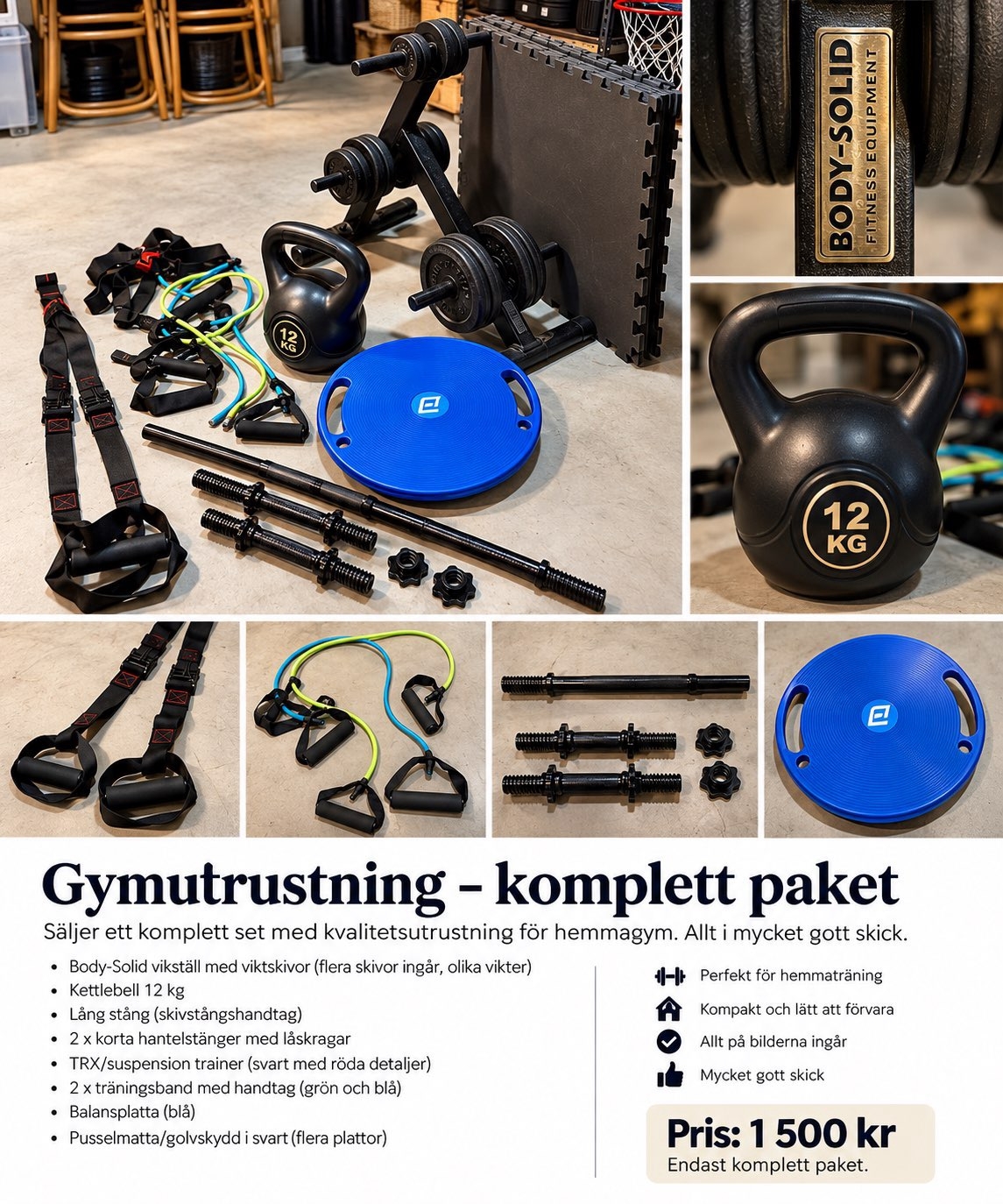 Gymutrustning komplett paket med kettlebells och träningsband